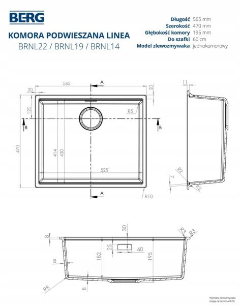 Zlewozmywak podwieszany Berg LINEA BRNL22L Czysta biel