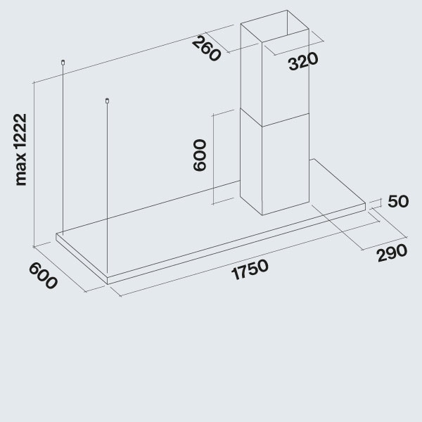 Okap wyspowy Falmec Lumen Isola 175 inox 800 m³/h - komin po lewej