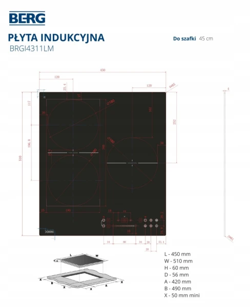 Płyta indukcyjna do zabudowy BERG BRGI4311LM 45 cm Czarny mat